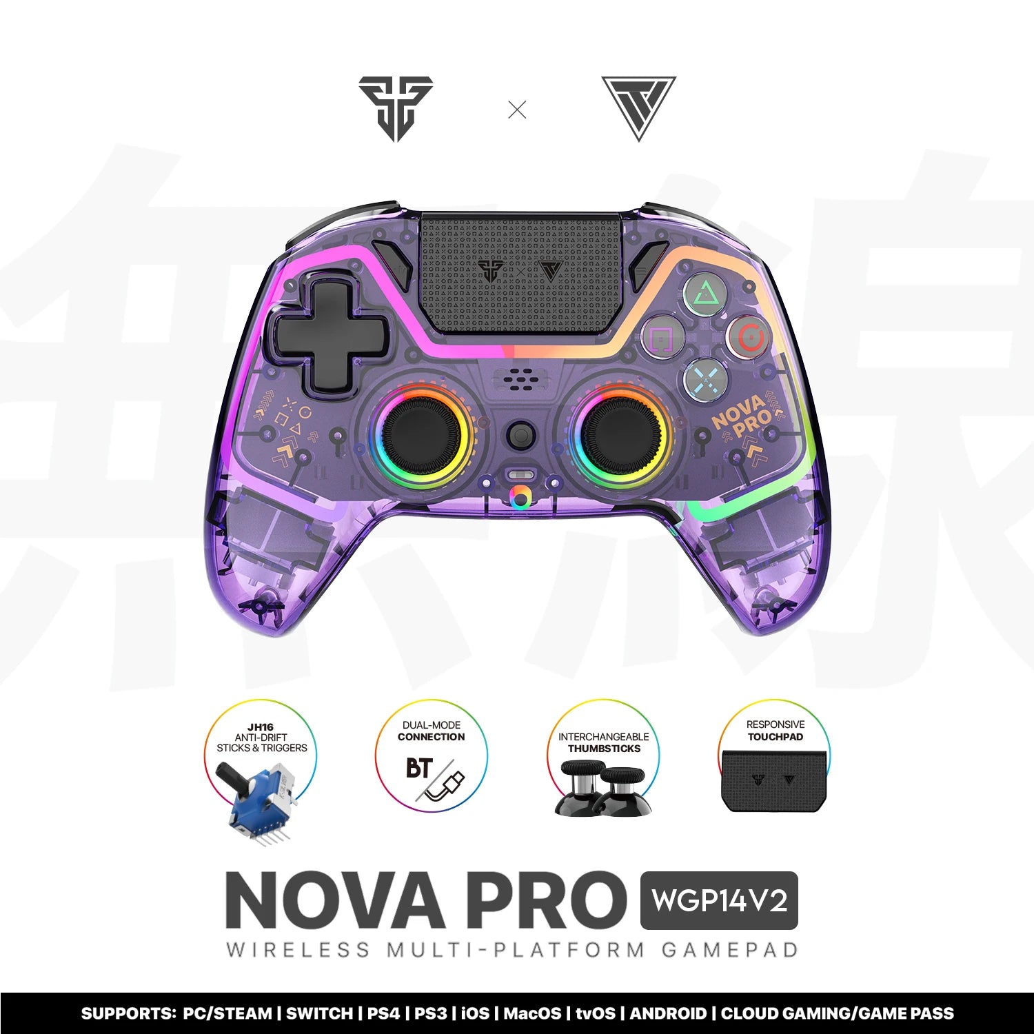 FANTECH NOVA PRO WGP14V2 Gaming Controller Anti-Drift Hall Effect Sticks and Force-switchable Tirgger Wireless Gamepad for PS4