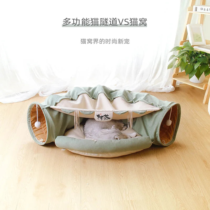 Cat Beds House 3 in 1 Round Funny Soft Warm Plush Cat Bed Cat Tunnel Toy for Small Dogs Basket Kittens Bed Mat Kennel Pet Nest