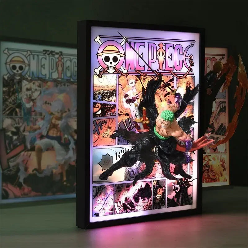 3D Decorative Painting Anime Figure Zoro Luffy with light metal frame 3D Anime Figure Painting Decorate in the room