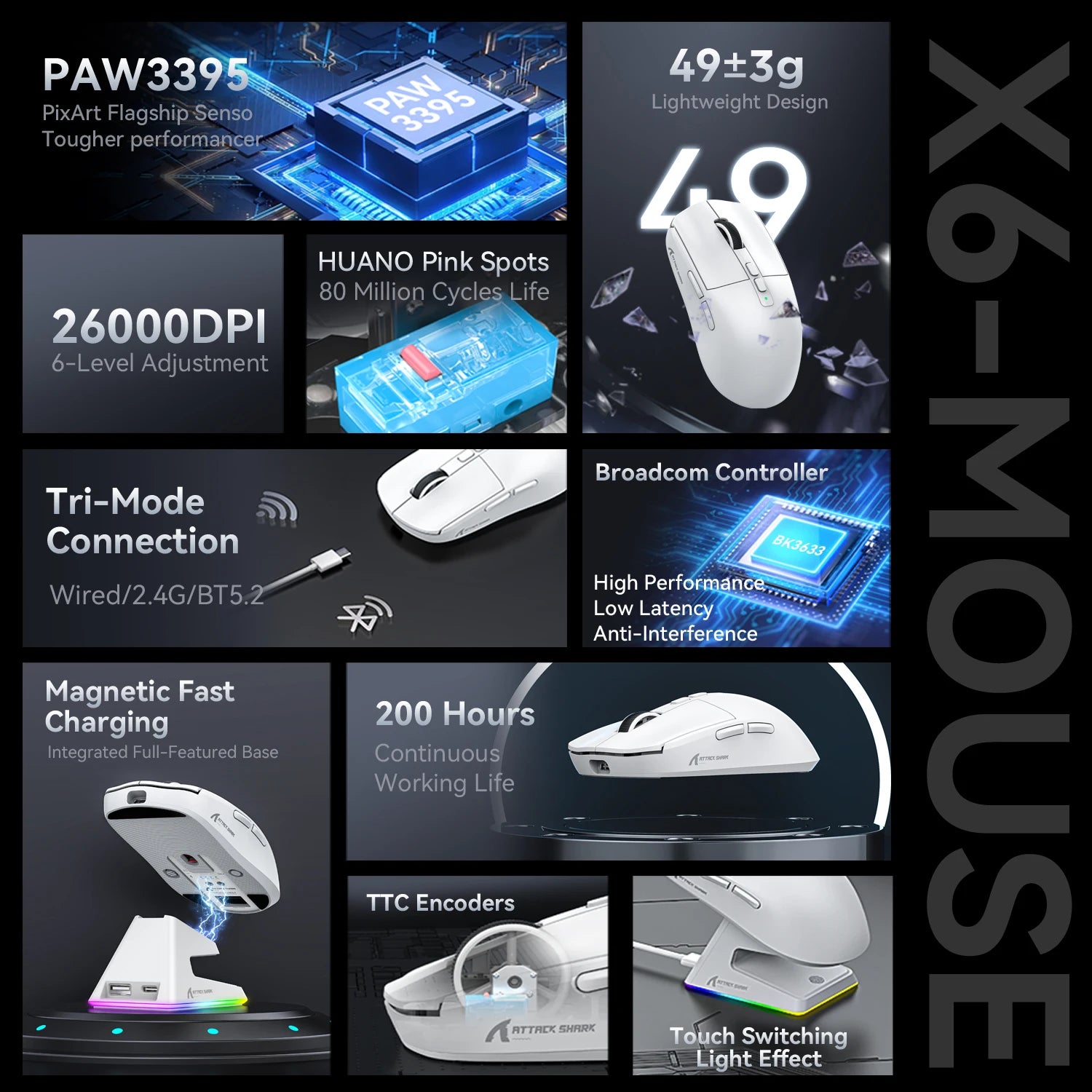 Attack shark X11/X6/X2/X2Pro Gaming Mouse Magnetic RGB PAW3395 Bluetooth Tri-mode Connection Gamer Wireless Mouse,DPI Adjustable