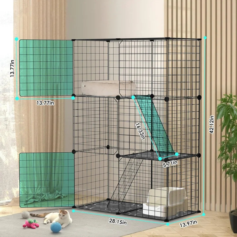 Large 3-Tier Cat Cage & Enclosure - Detachable Indoor Cat Playpen with 3 Doors & 2 Ramps, Metal Wire Cat Crate House Box for 1-2
