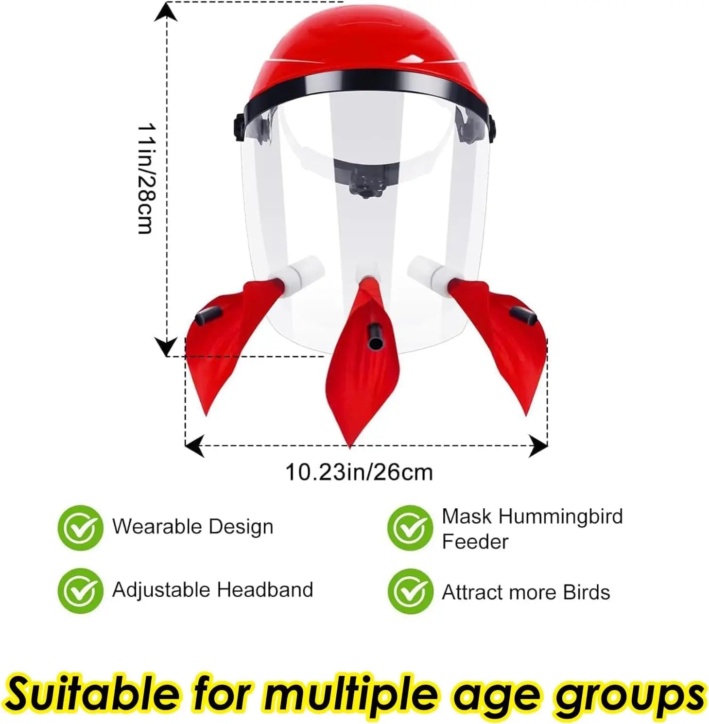 Hummingbird Feeder Helmet|Hands-Free Bird Feeder for Adults|3 Feeding Ports Design|Adjustable Headband 18"-24"|Lightweight PVC