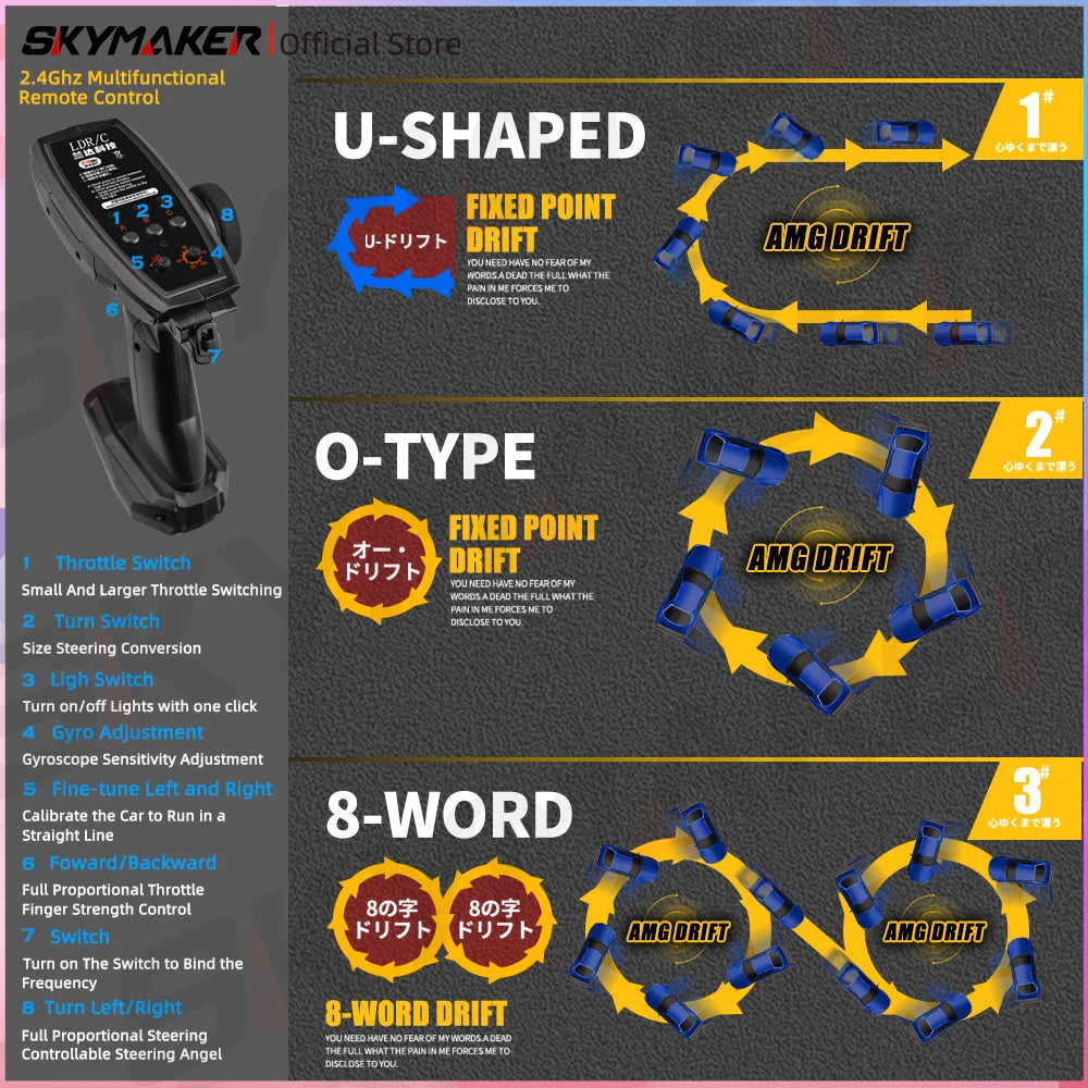 Skymaker LDRC 1/18 RC Drift Car LD1899 GTR-Modus R34 2,4 GHz RWD mit Gyroskop On-Road-Legierung Karosserie Rennwagen für Jungen Geschenke