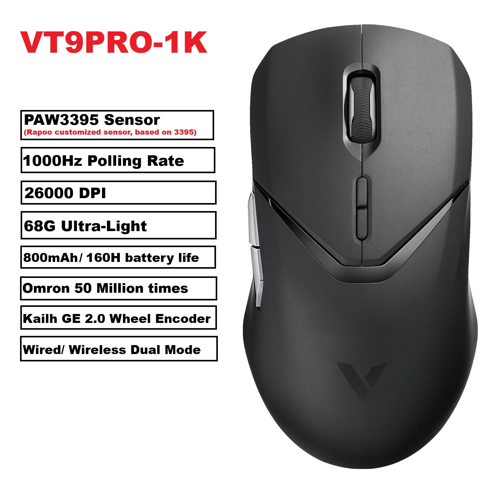 Безжична геймърска мишка Rapoo VT9PRO PAW3398, 26000DPI, 68g, лека, кабелна, безжична мишка, 160H, супер дълъг живот на батерията