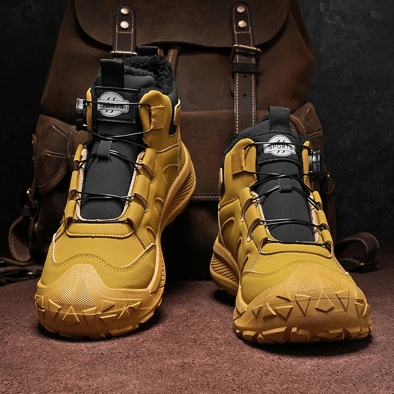 Hot Sale Winter Trekking Boots Men Yellow High top Hiking Shoes Men Work Sneakers Warm Fur Outdoor Boots Men Motorcycle Shoes