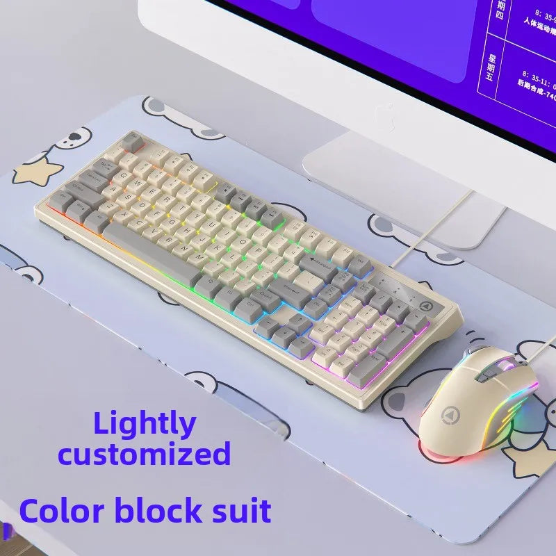 2025 new Km800 customized gaming keyboard and mouse set, color blocked wired illuminated desktop 98 key keyboard and mouse set