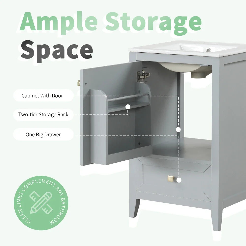20" Bathroom Vanity with Sink, Bathroom Cabinet with Soft Closing Door, Storage Rack and A Drawer, Grey