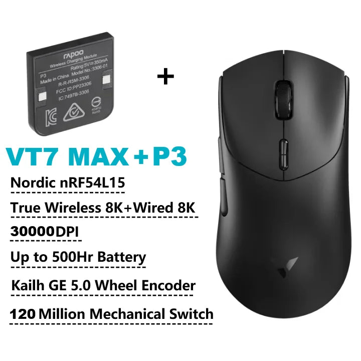 Безжична геймърска мишка Rapoo VT7 /VT7 MAX, True 8K безжична скорост на анкетиране, 53 г, лека, до 500 часа живот на батерията, активирани макроси