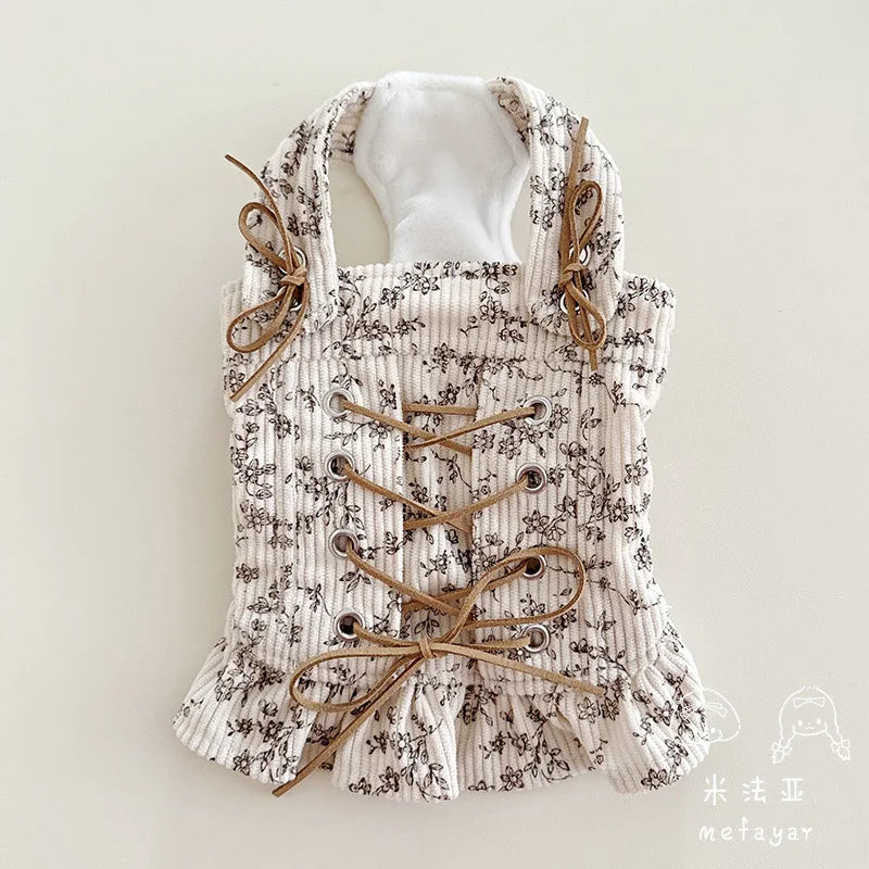 Autumn Winter Striped Lace Doll Collar Base Shirt Cute Corduroy Drawstring Vest Plush Bubble Sleeves Shoulder Strap Skirt Set