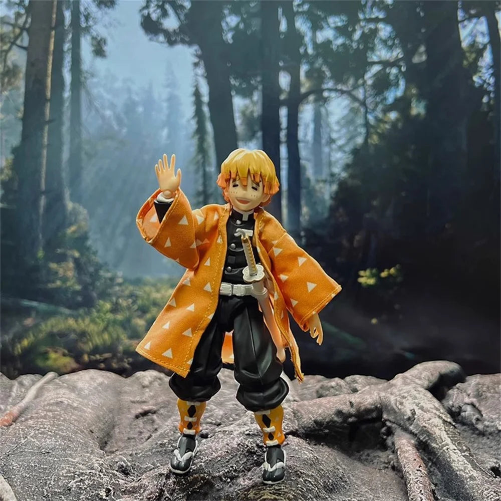 1/12 Мащаб Demon Slayer Мъжки герой Агацума Зеницу, платнено жълто дълго палто, подходящо за 6-инчова FIGMA екшън фигурка, тяло