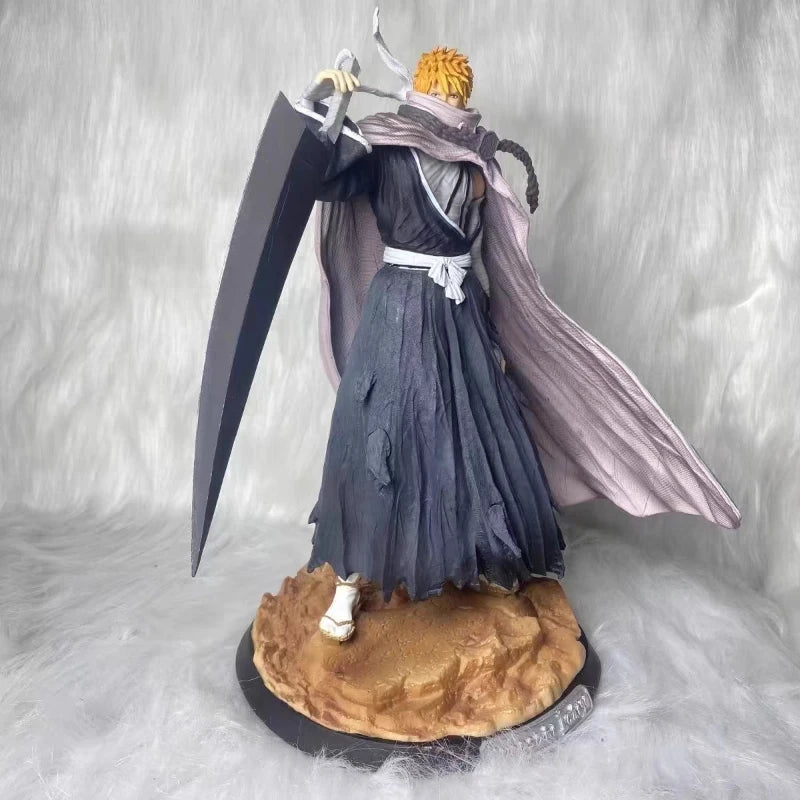 Bleach 33cm Kurosaki Ichigo Action Figures GK Kit Carrying Sword Model Wearing Cloak Sculpture Anime Toy Desktop Ornament Gift