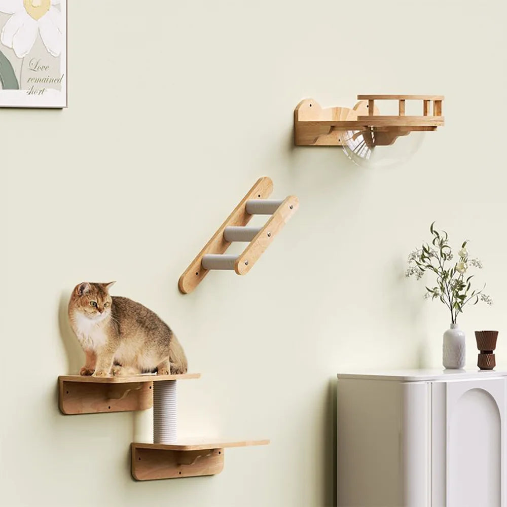 Cat Wall Wooden Climbing Bridge or Cat Hammock and Jumping Platform with Scratching Post Stairway Ladder for Cats Play