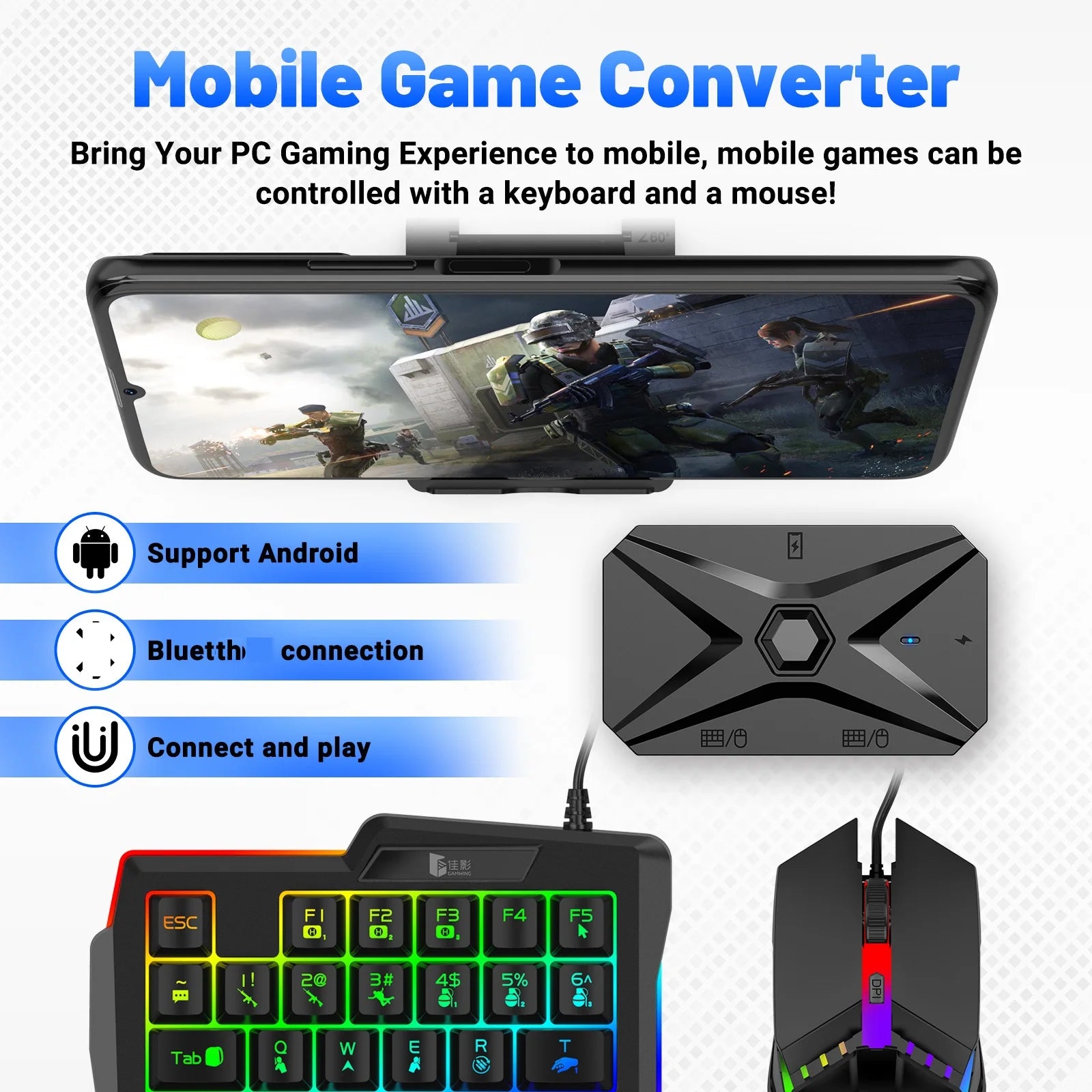 M1 Pro+ Keyboard & Mouse Mapper Converter Mobile Gaming Adapter for Esports Accessory for Android Phone/Tablet for PUBG