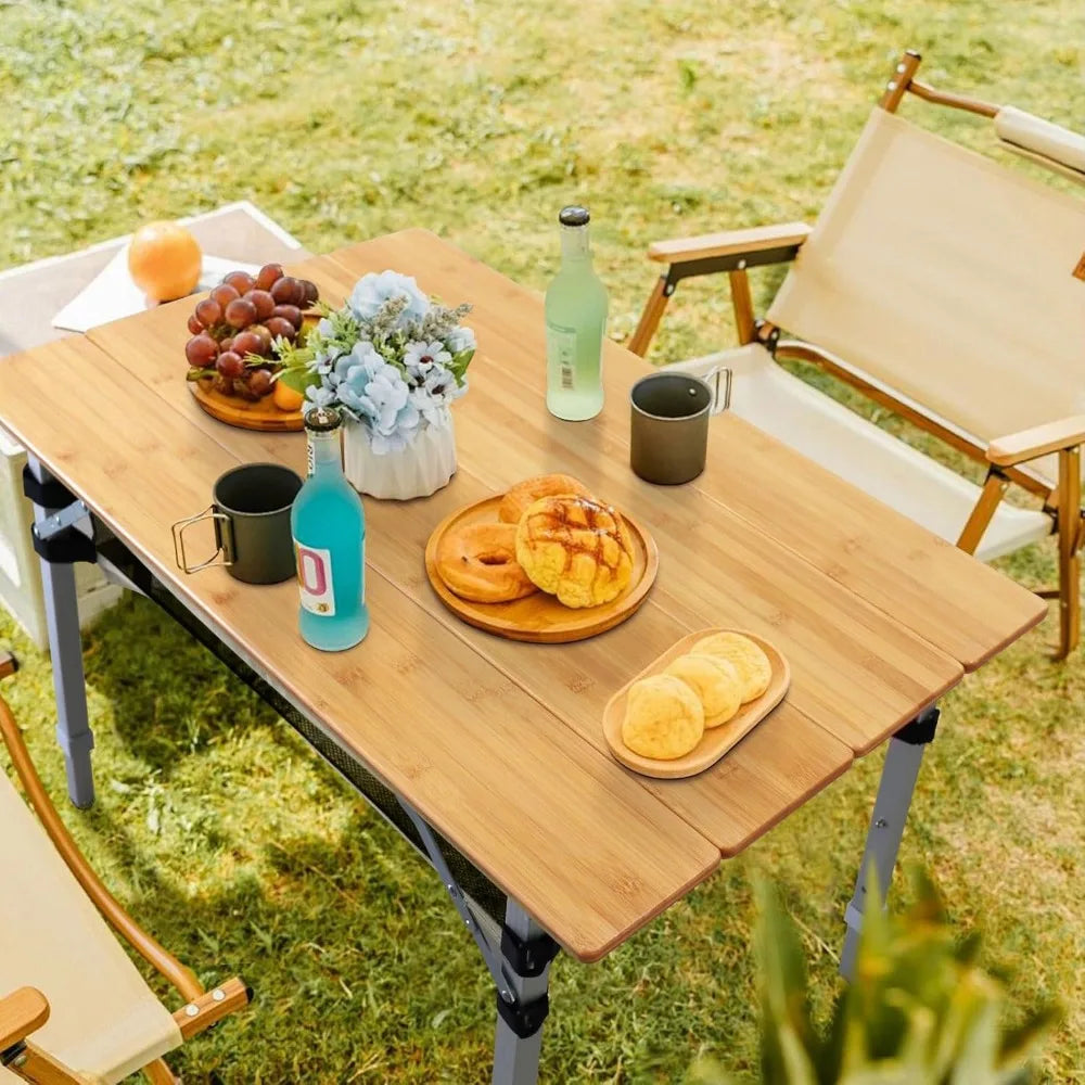 Bamboo Folding Camping Table 4 Folds with Adjustable Aluminum Legs Portable Picnic Table with Storage and Carry Bag for Outdoor