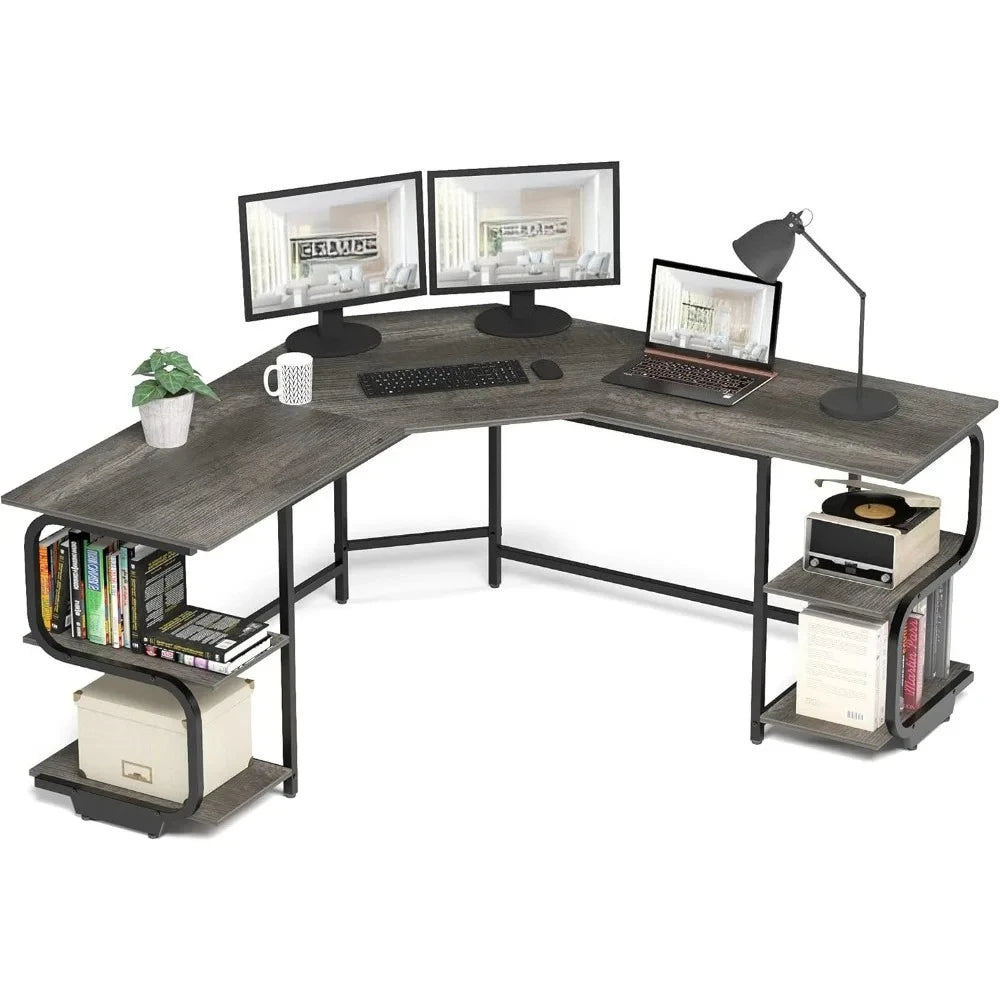 Modern L Shaped Desk with Shelves,64.84" Gaming Computer Desk for Home Office,Corner Desk with Desktop (Black Oak+Black Frame,