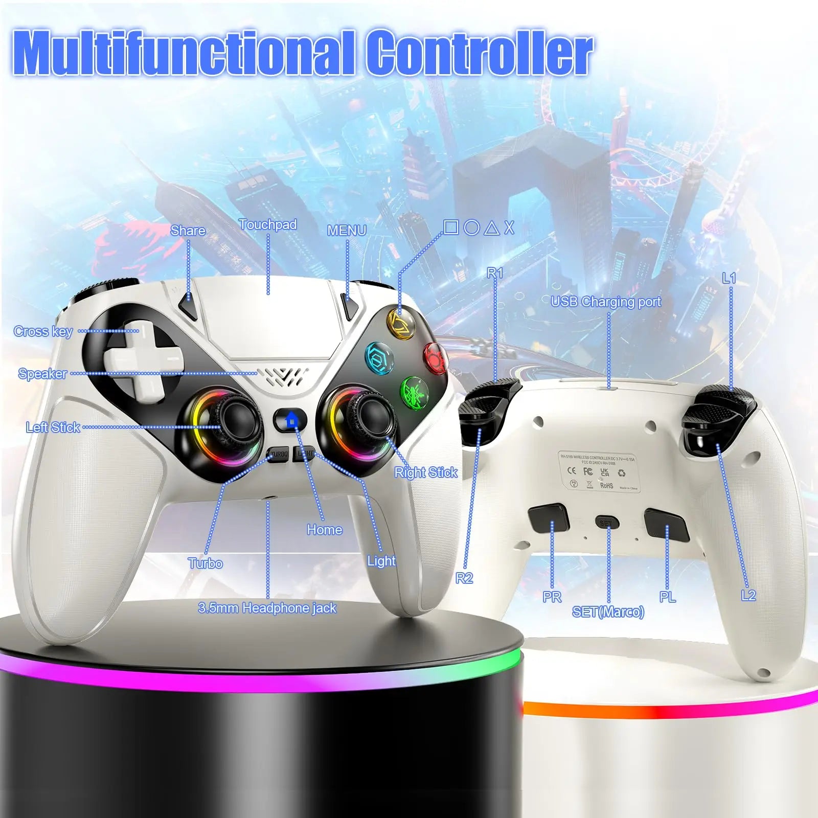 Controller for PS5 RGB Lirhts Wireless Gaming Controllers for Playstion 5 Pro/Slim/PC With Hall Effect Triggers Turbo Vibration