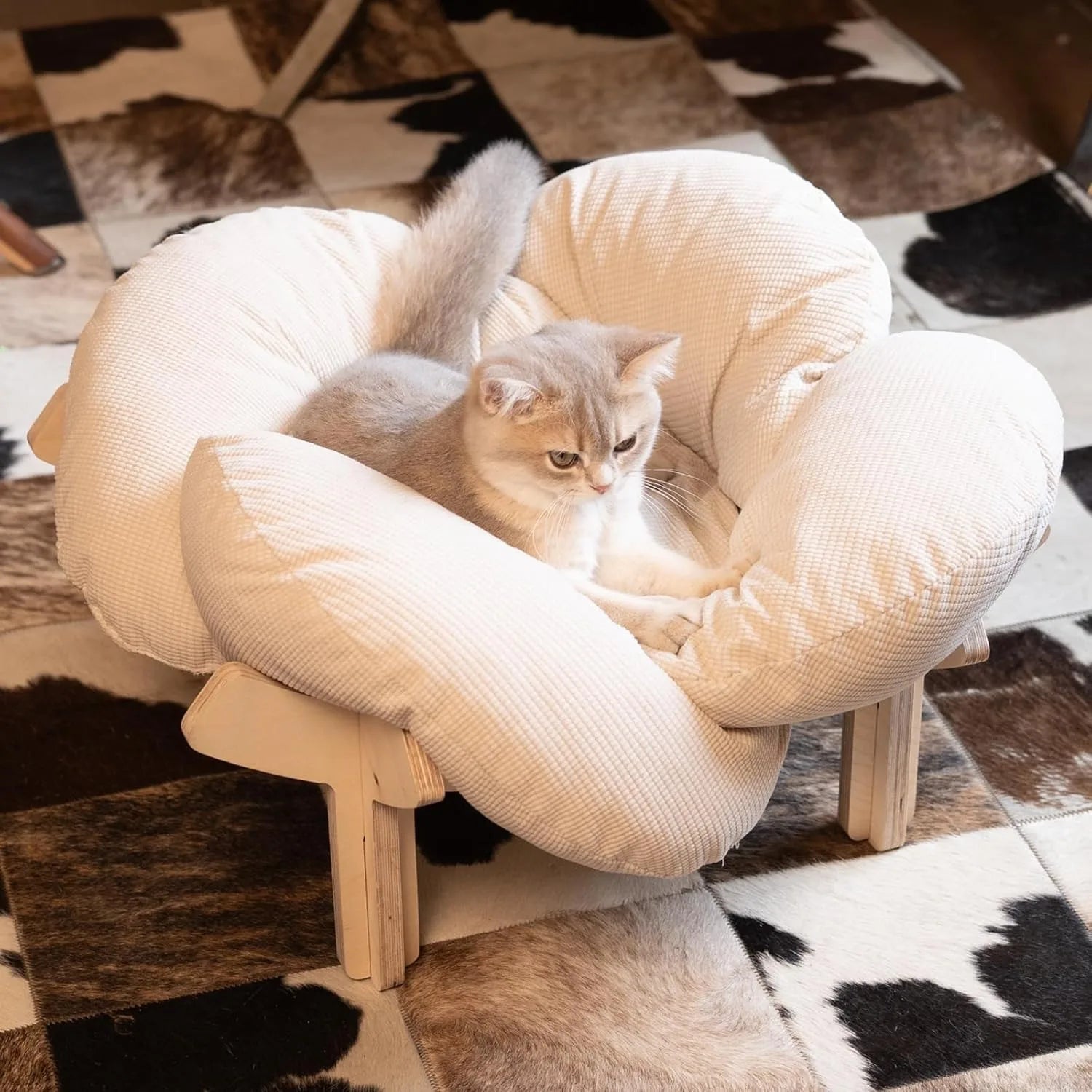 Erhöhtes Katzenbett, weiches Kissen aus Holz, flauschiges Haustiersofa, Katzensofa für den Innenbereich, geeignet für kleine Hunde und Katzen, Möbel (groß)