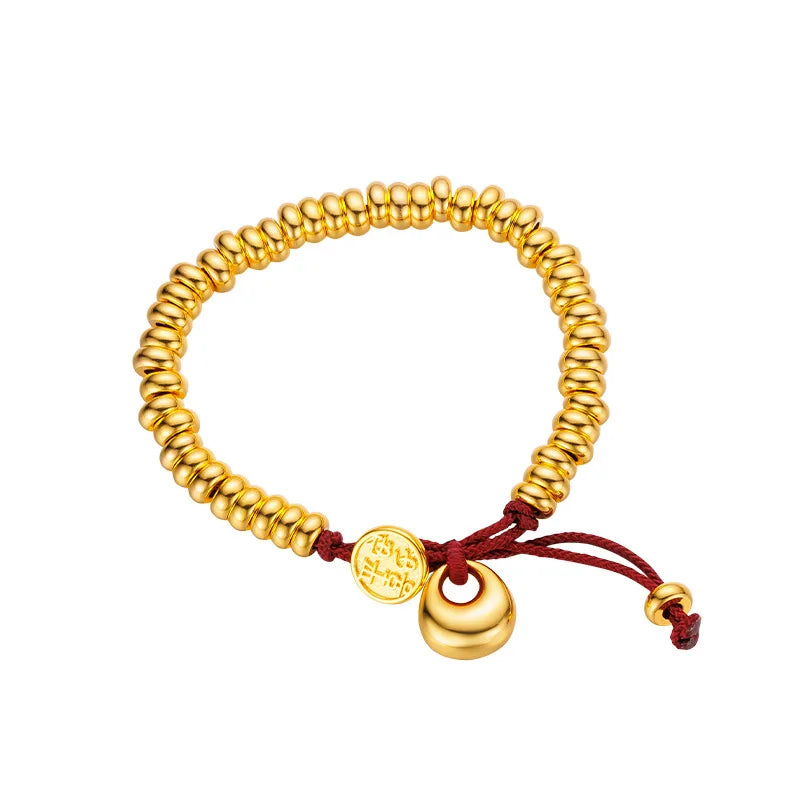 Männer und Frauen 9999 24K Echtgold Neue chinesische glatte Goldklumpen Frieden Freude Geld gewickeltes rotes Seilarmband Einfacher China-Chic