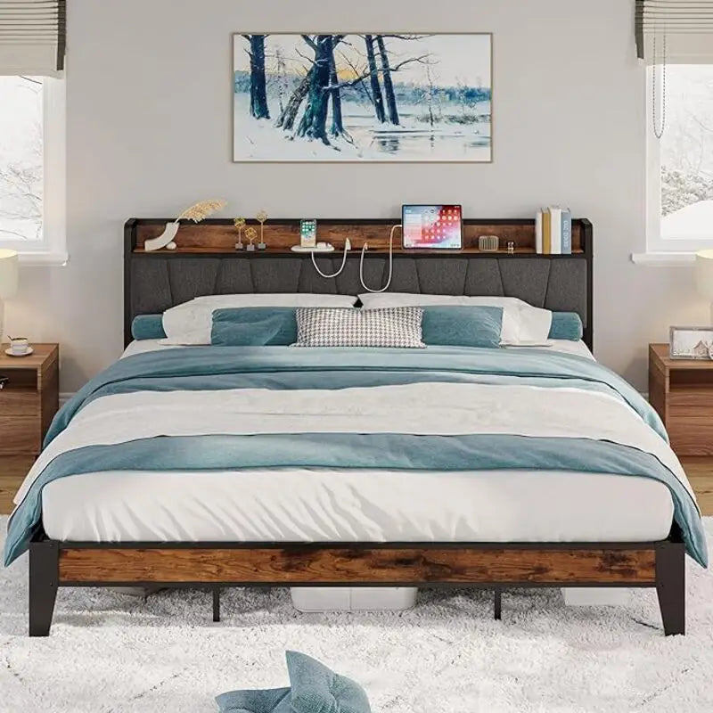 LIKIMIO Twin/Twin XL/Full/Queen/King/California King Bed Frames, Storage Headboard with Charging Station, No Box Spring Needed