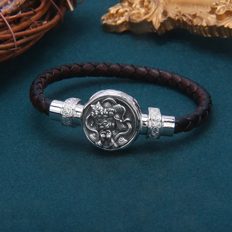 Bracelet Bangle Pure 925 Sterling Silver Leather Rope Woven Magnetic Luxury Brand Fine Jewelry Man Woman 2024 New In Festoon B5