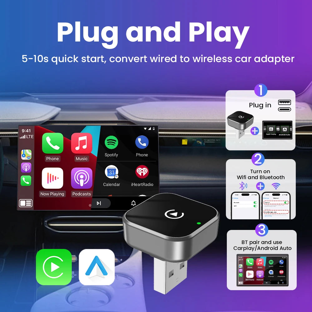 2в1 безжичен CarPlay адаптер Android Auto AI Smart Box интелигентна система за кола, подходяща за VW Toyota Nissan Honda Kia Opel MG