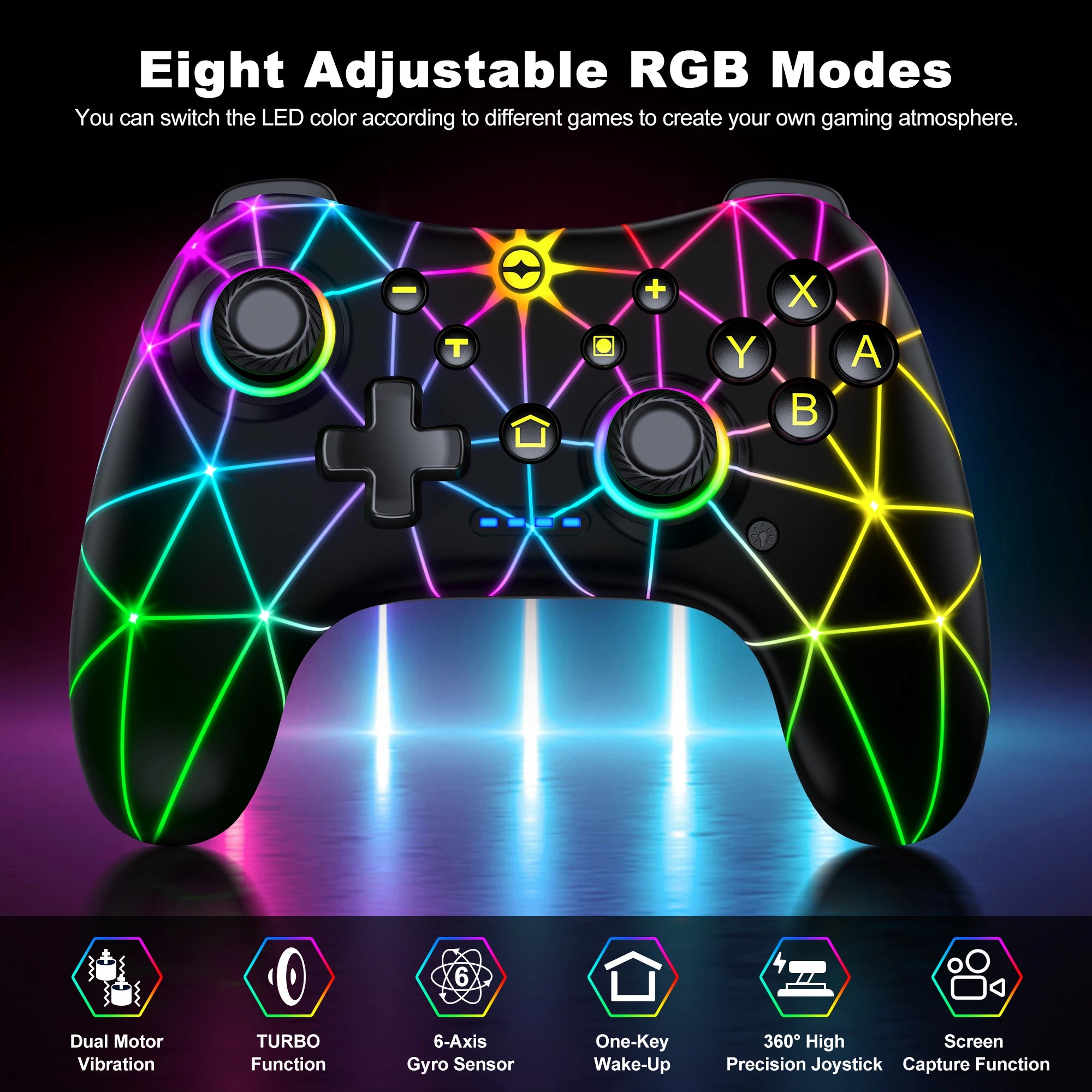 DinoFire Wireless Controller RGB For Nintendo Switch OLED / Lite Multi-function Pro Gamepad with 800Mah Battery Turbo Function