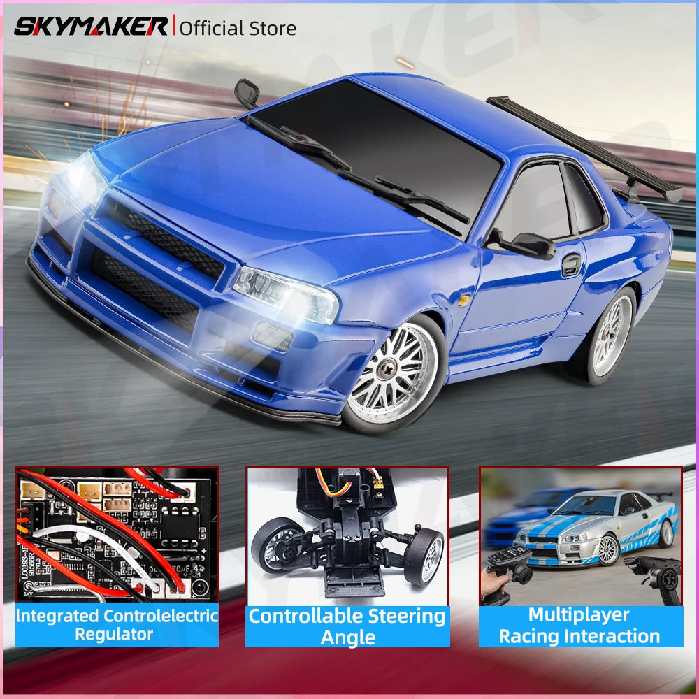 Skymaker LDRC 1/18 RC Drift Car LD1899 GTR-Modus R34 2,4 GHz RWD mit Gyroskop On-Road-Legierung Karosserie Rennwagen für Jungen Geschenke