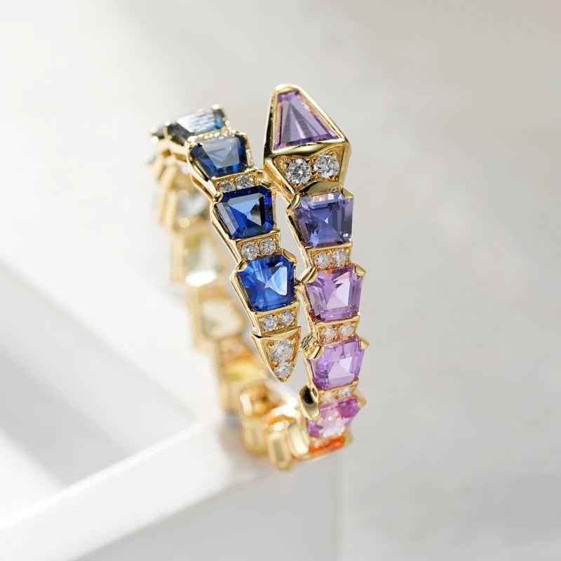 BELLUX Fine Jewelry Customized 18k Gold Material Set Natural Colored Gemstone Snake Shaped Full Diamond Ring