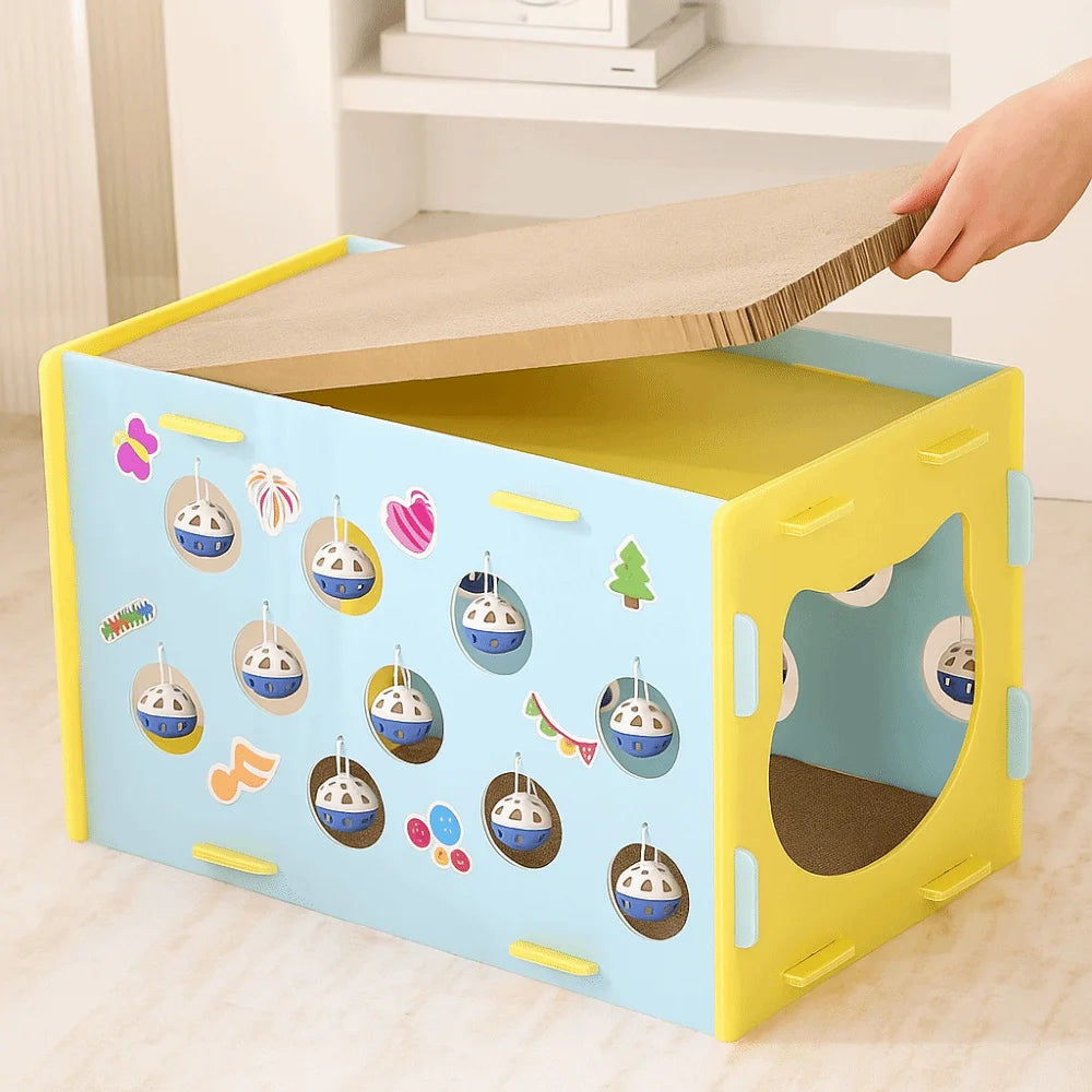 Doppelschichtiges Katzenkratzbetthaus, abnehmbares, verschleißfestes Haustiertunnelnest, doppelte Öffnung mit Bällen, Katzenschlafnest