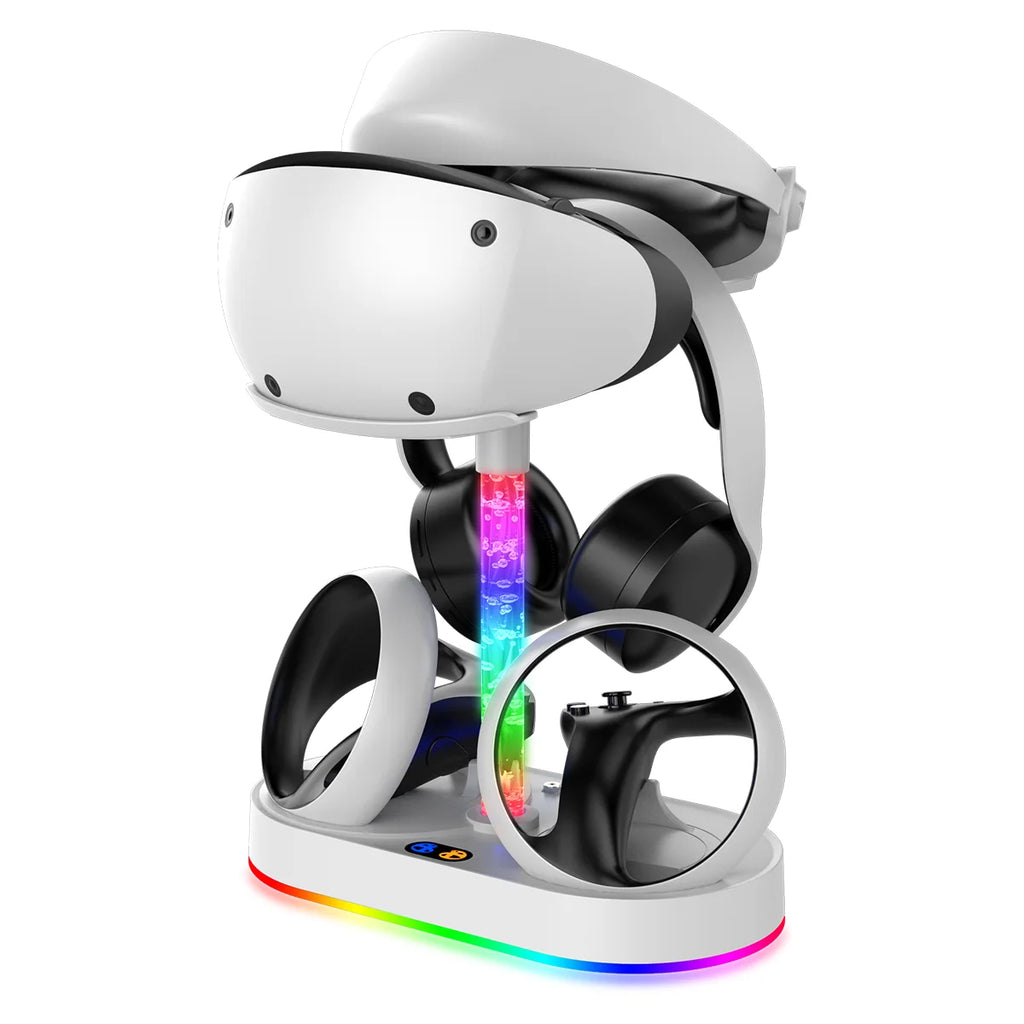 Magnetic RGB Charging Stand for PS5 Console & PS VR2, Dual Controller Charger with Headset & Glasses Storage Holder