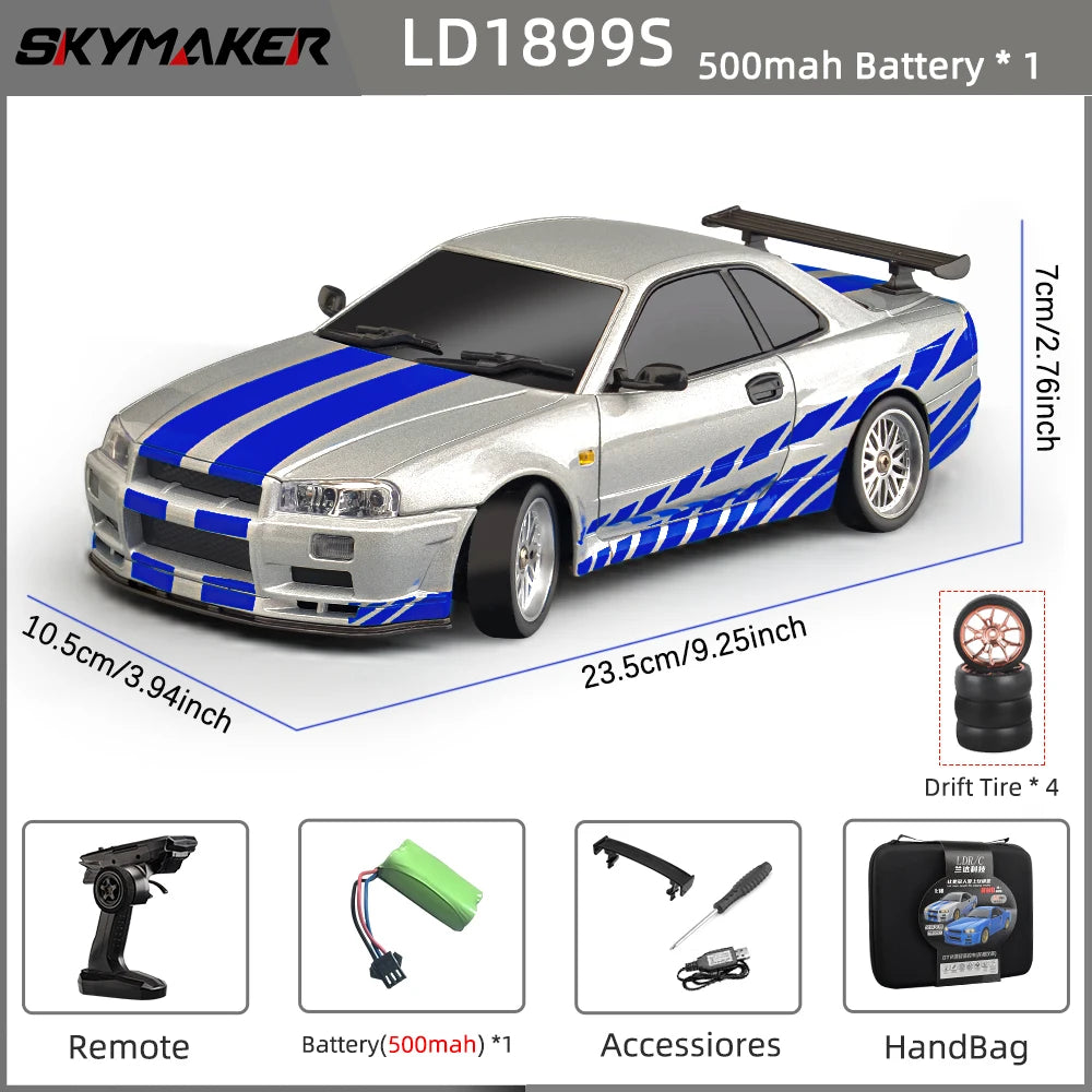 Skymaker LDRC 1/18 RC Drift Car LD1899 GTR-Modus R34 2,4 GHz RWD mit Gyroskop On-Road-Legierung Karosserie Rennwagen für Jungen Geschenke