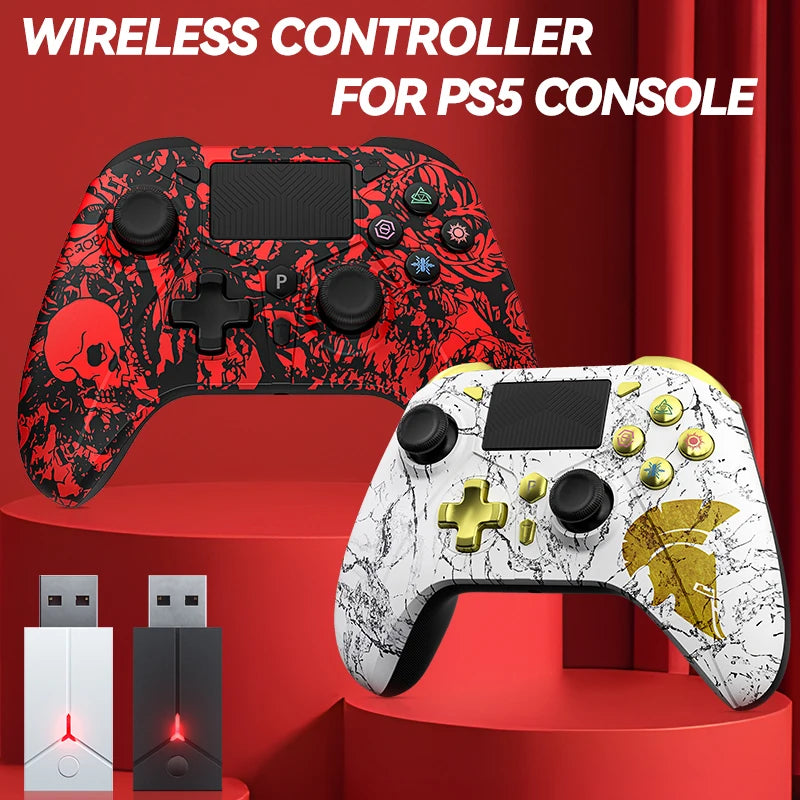Two gaming controllers with unique designs on a red background, featuring text about a wireless controller for PS5 console.