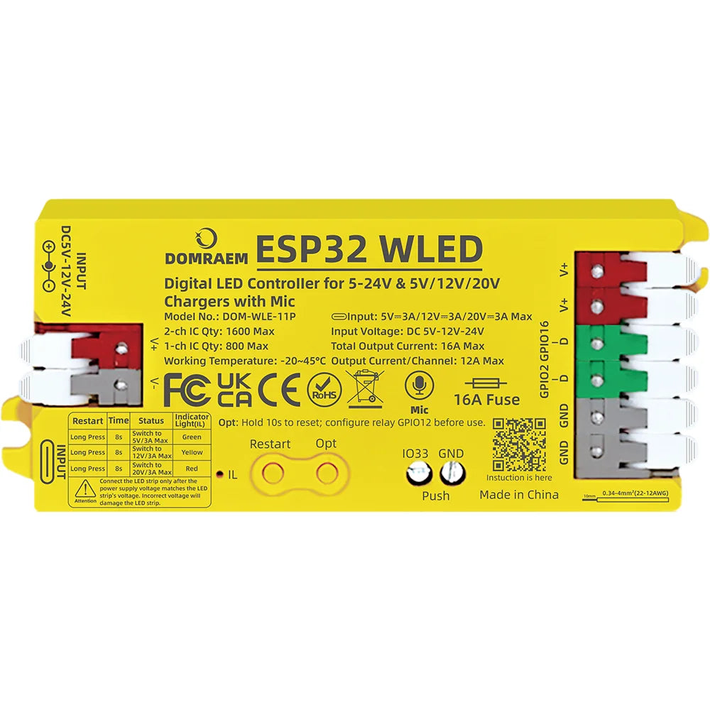DOMRAEM PD ESP32 WLED Digital LED Controller with Microphone Dual Power Input USB-C PD& DC5-24V for WS281x  APA102 SK6812 etc.
