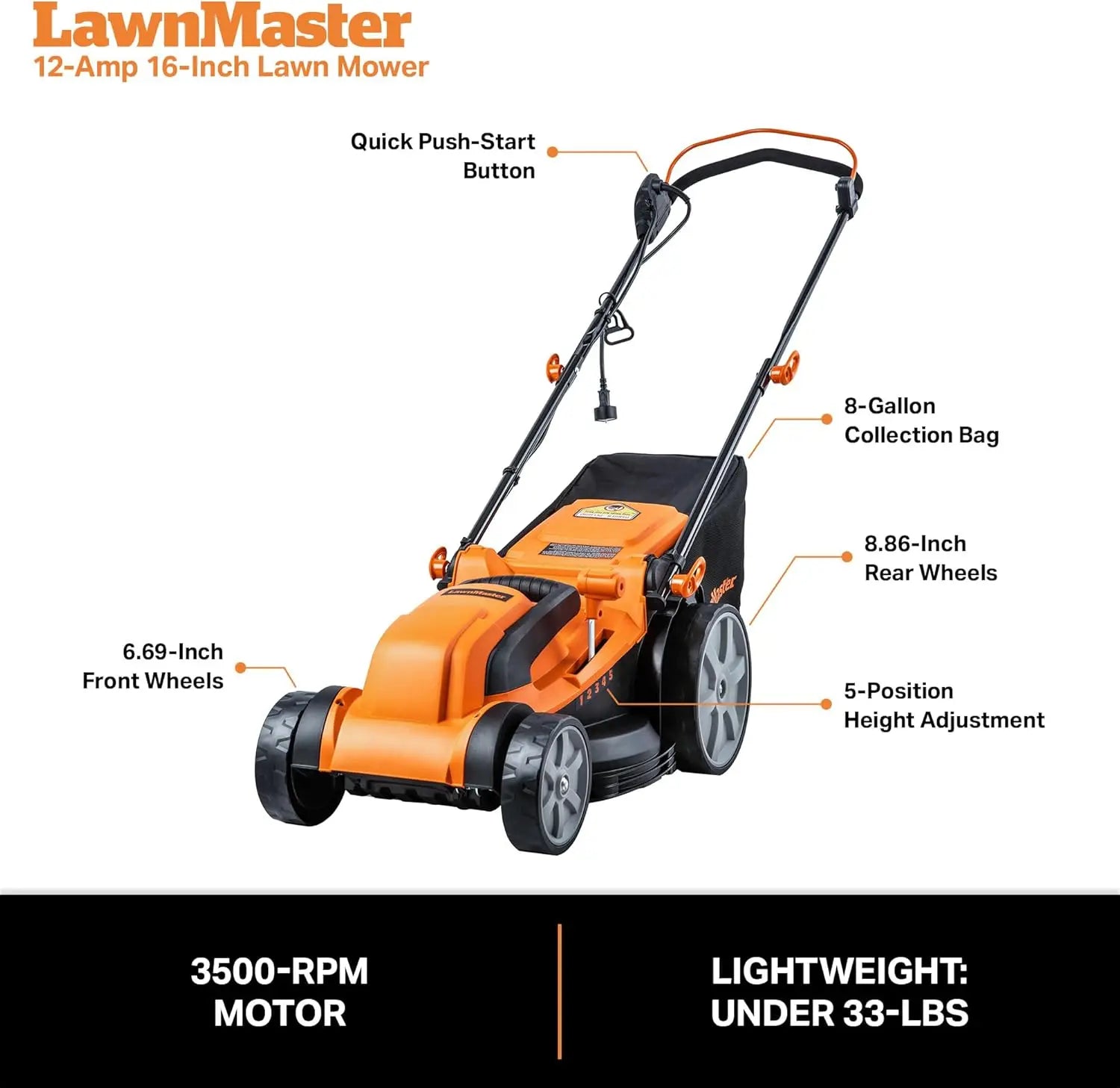 MEB1216K Electric Lawn Mower 16-Inch 12AMP