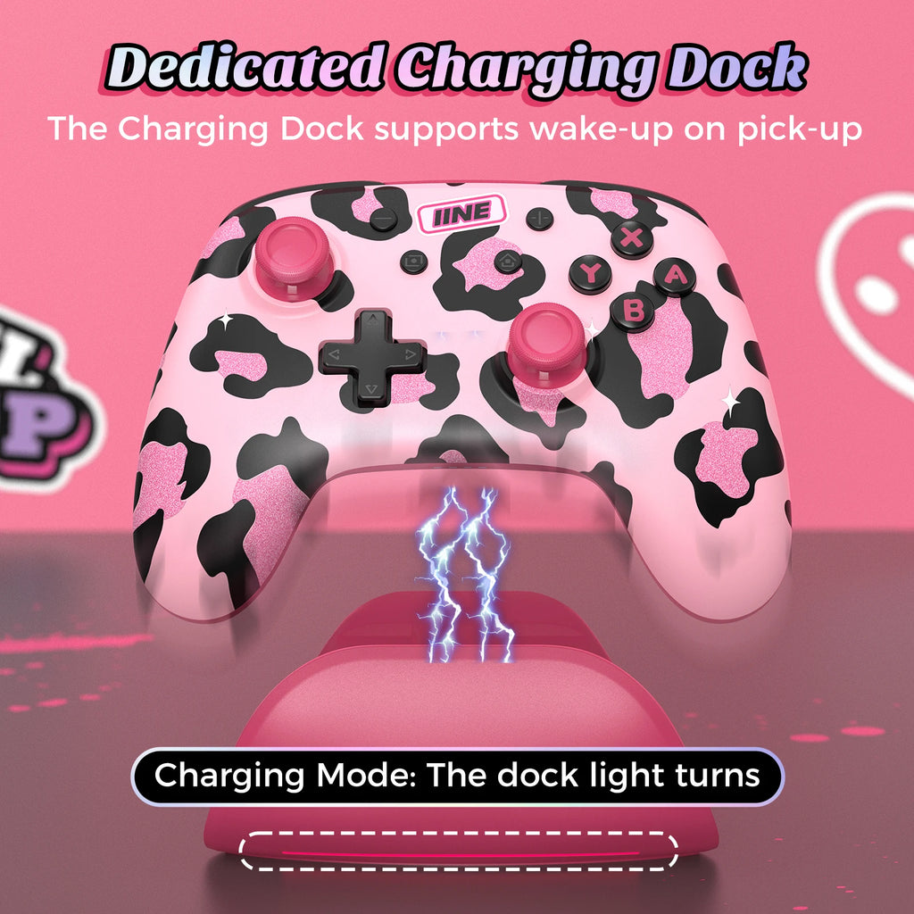 IINE Pink Wireless Controller with Charging Dock for PC/Laptop/Switch/Steam/iPad,support NFC Amiibo Auto-Fire Macro