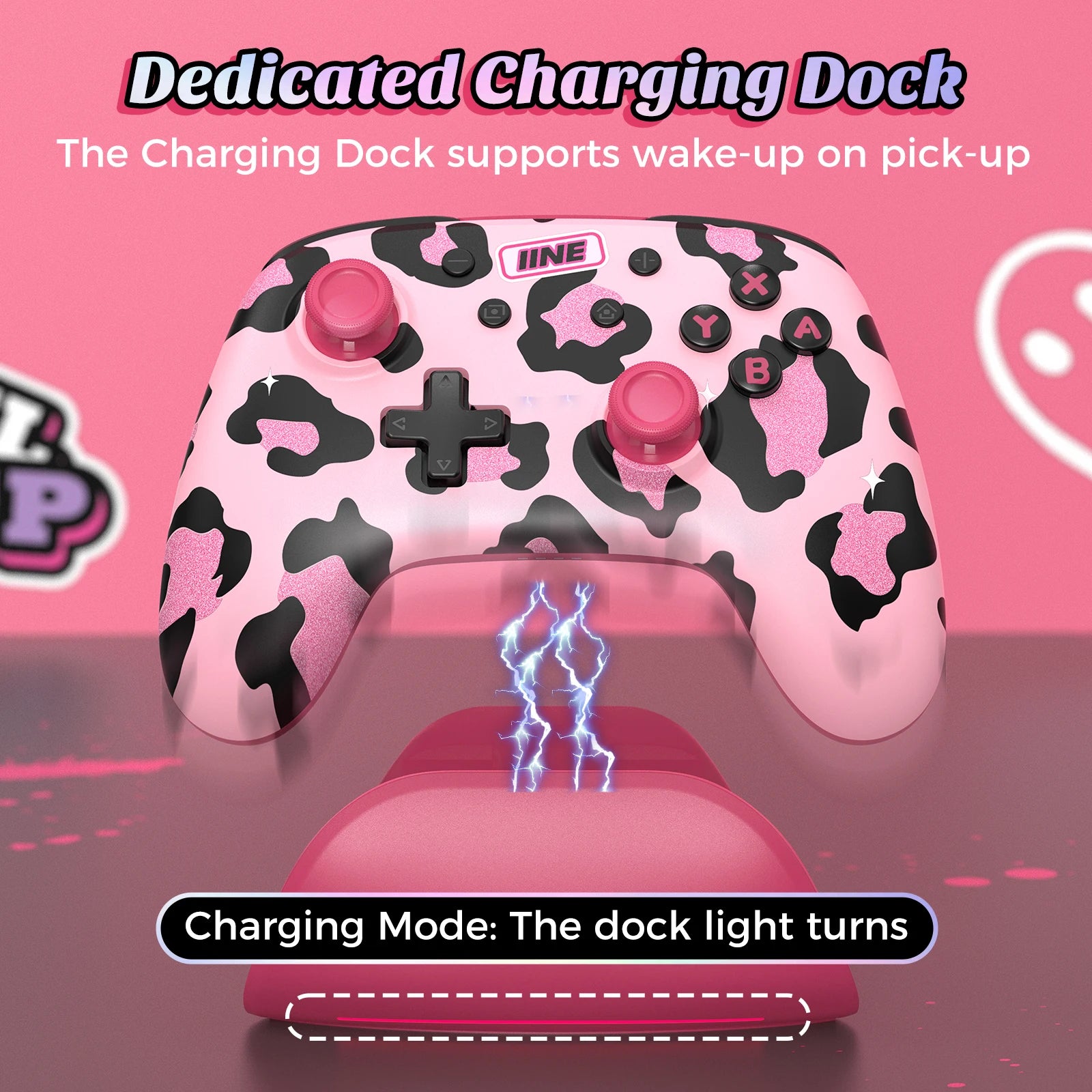 IINE Pink Wireless Controller with Charging Dock for PC/Laptop/Switch/Steam/iPad,support NFC Amiibo Auto-Fire Macro