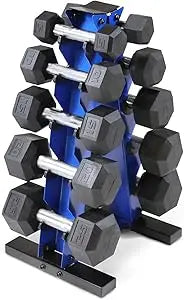 Rubber-Coated Hex Dumbbells Set 5-25Lb with A-Frame Storage Rack for Strength and Muscle Toning