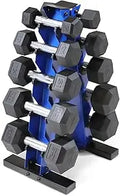 Rubber-Coated Hex Dumbbells Set 5-25Lb with A-Frame Storage Rack for Strength and Muscle Toning