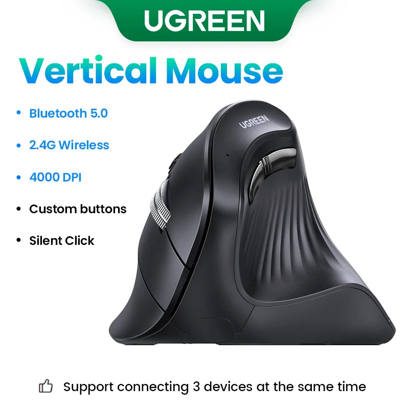 UGREEN Vertikale Maus Kabellos Bluetooth5.0 2.4G Ergonomisch 4000DPI 6 Stummschalttasten für MacBook Tablet Laptops Computer PC Mäuse