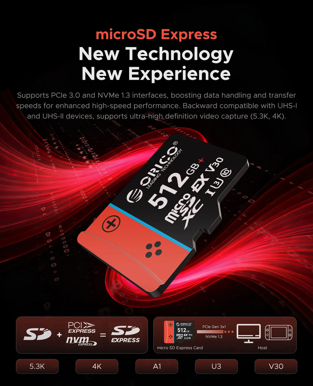 ORICO microSD Express Card  UHS-I, C10, U3, V30, Full HD, 4K, Up to 890 Memory Card for Nintendo-Switch 2 Steam Deck Gaming