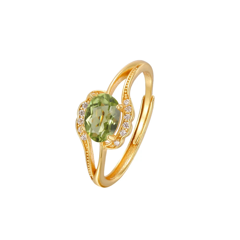 Natural Peridot 925 Silver Ring K Gold Plated Twisted Adjustable Bands Birthstone Healing Crystal Jewelry Boho Gift