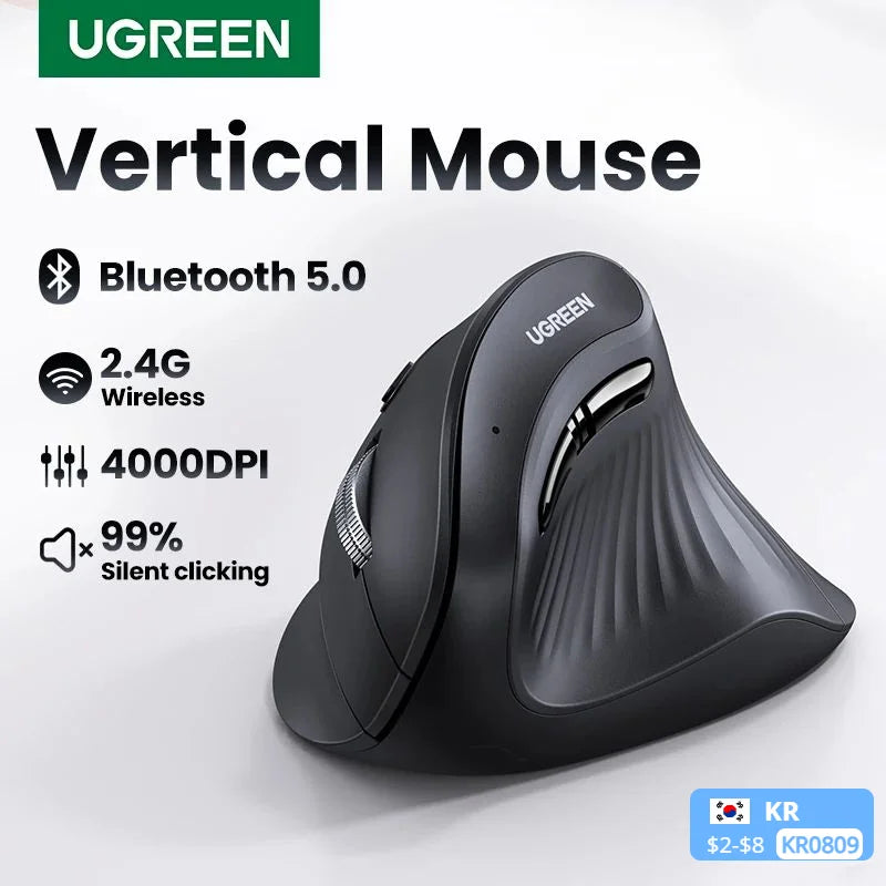 UGREEN Vertikale Maus Kabellos Bluetooth5.0 2.4G Ergonomisch 4000DPI 6 Stummschalttasten für MacBook Tablet Laptops Computer PC Mäuse