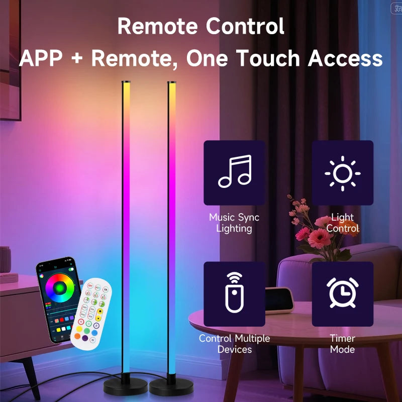 Smart RGB LED Floor Lamp Remote & APP Control Music Sync Corner Lighting Timer Modern Mood Standing Lamp for Living Room Gaming