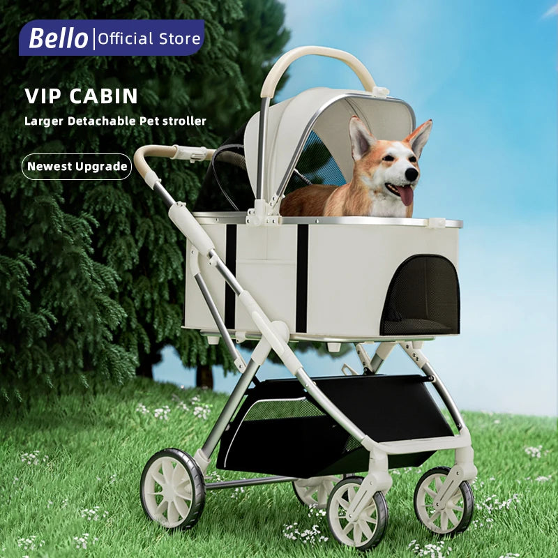 Bello Haustier-Kinderwagen, hohe Sicht, modern, abnehmbar, mittlerer und großer Wagen, Aluminiumlegierung, Katze/Hund, Handschieben, PU-Räder, abnehmbar