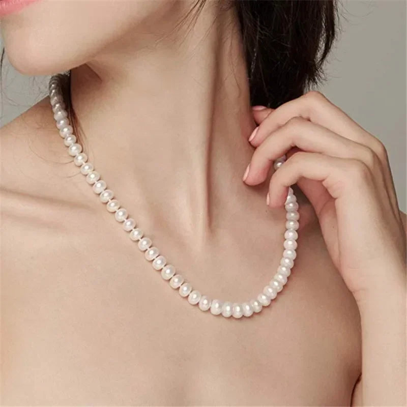 Dainashi White 7-10mm Freshwater Cultured Pearl Strands Necklace 925 Sterling Silver Fine Jewelry for Women Birthday Gift