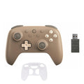 Brown gaming controller with USB adapter and clear protective case on a white background