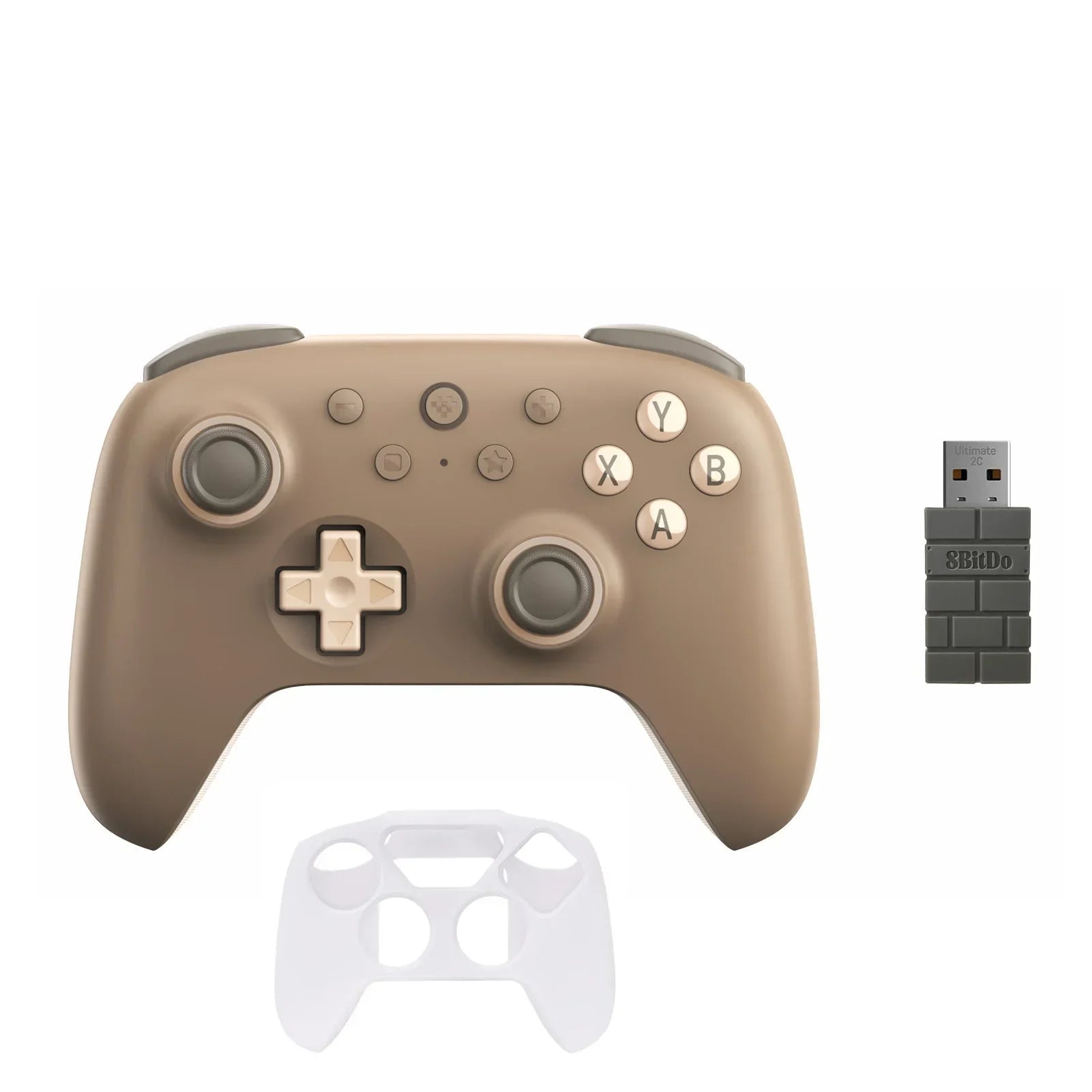 Brown gaming controller with USB adapter and clear protective case on a white background