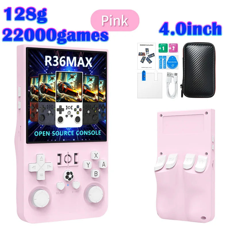 R36MAX Игрална конзола 64GB 128GB 18000+ ИГРИ Linux система 4.0-инчов K36 срещу R36S 3.5-инчов джобен видео плейър. Не е необходимо изтегляне.