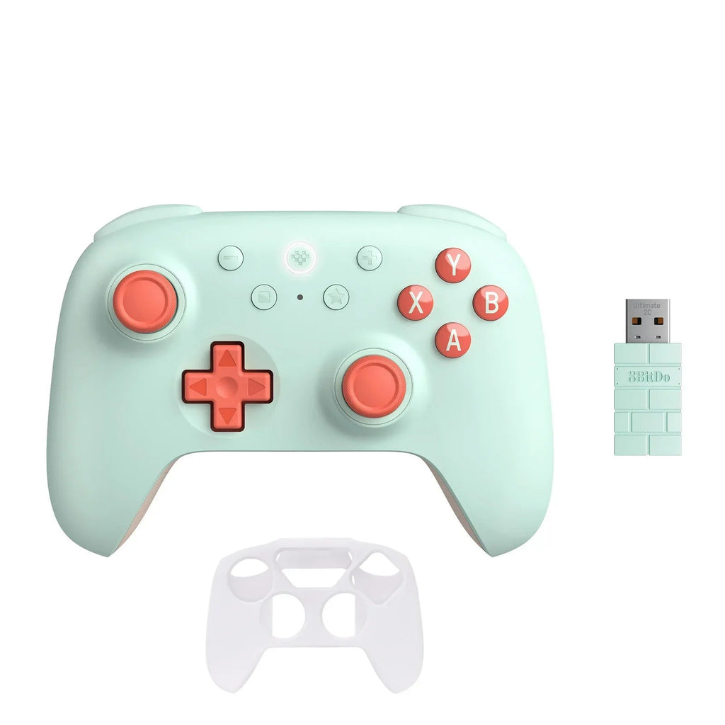 Mint green gaming controller with red buttons and a USB adapter on a white background