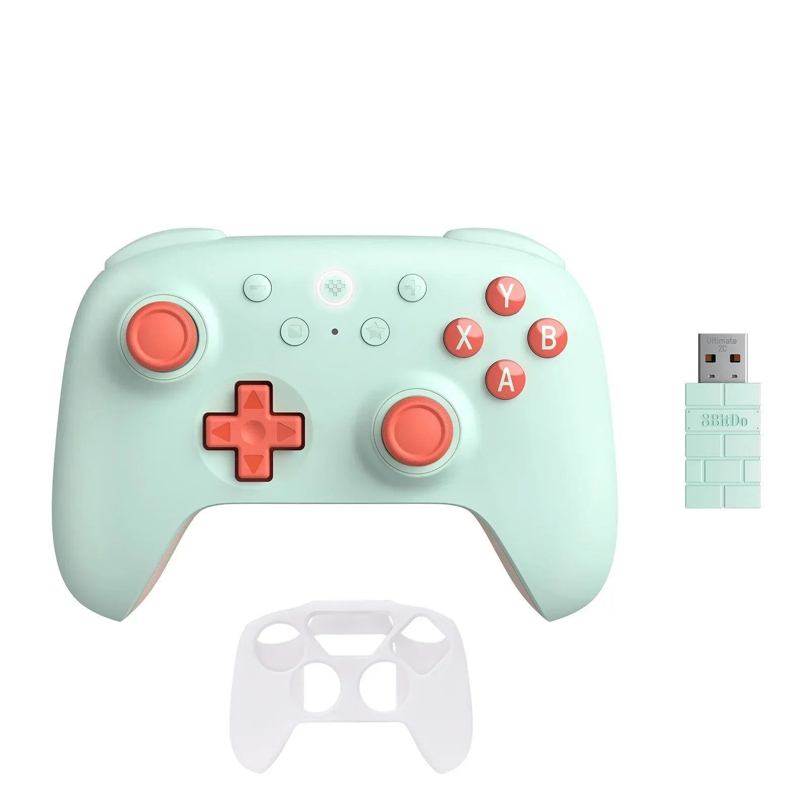 Mint green gaming controller with red buttons and a USB adapter on a white background